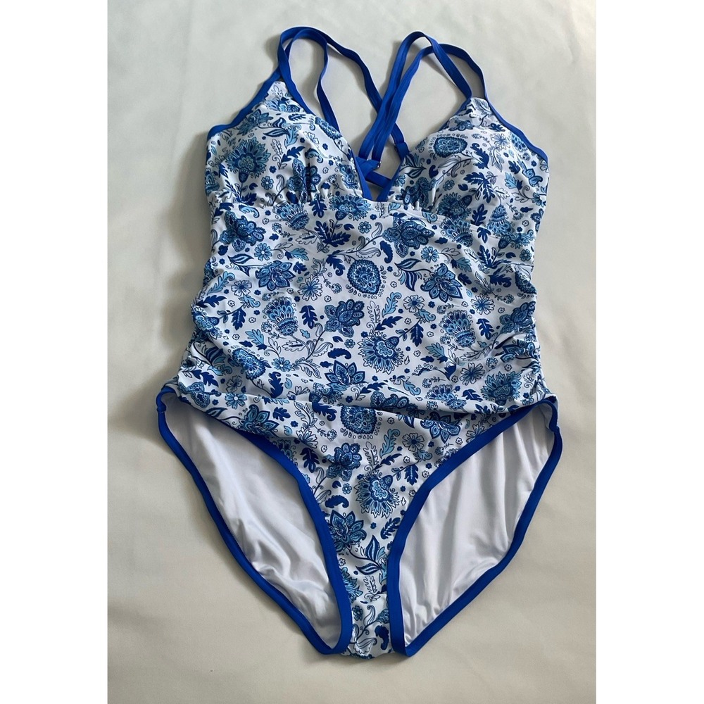 Women's One Piece Swimsuit  blue White Floral  Plus Size 2XL
